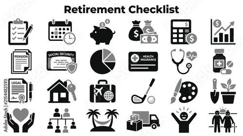 Retirement checklist infographic elements with icons for financial planning and lifestyle management isolated on white background