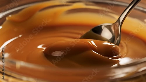 Spoon dipping into smooth caramel sauce bowl.