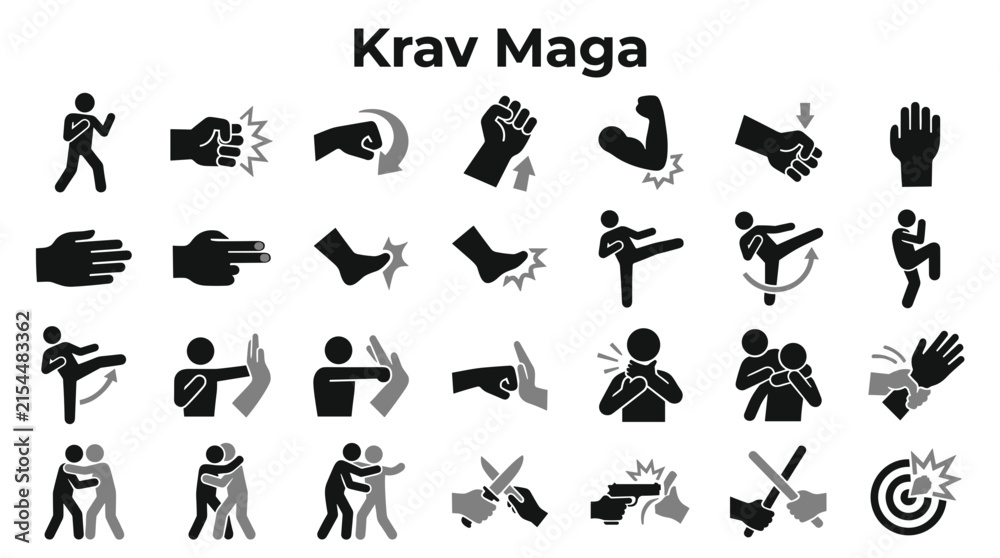 Fototapeta premium Set of Krav Maga martial arts icons featuring various self defense techniques and combat movements isolated on a transparent background