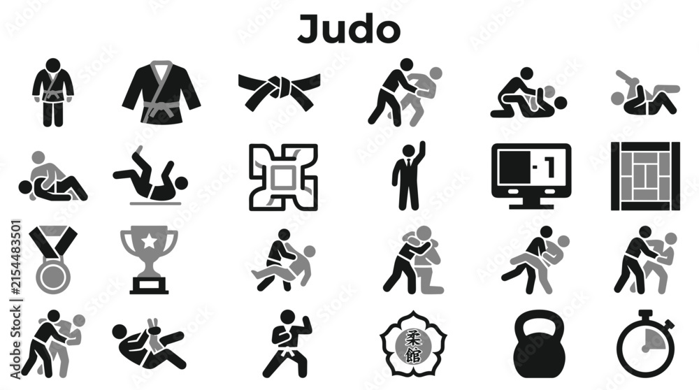 Obraz premium Set of black and grey martial arts judo icons showing various techniques combat stances and equipment isolated on a white background