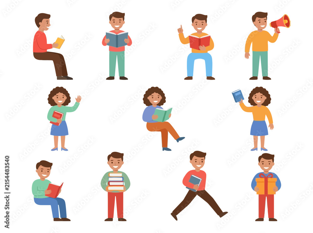Fototapeta premium Flat Vector Illustration Set of Diverse Children Reading and Holding Books