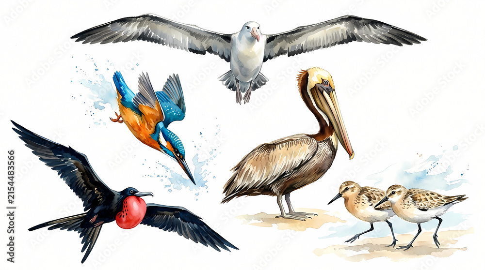 Obraz premium A collection of diverse bird species in various actions, including flight, diving, and standing, captured in a beautiful watercolor illustration.