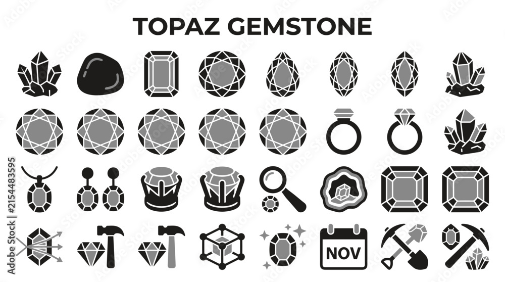 Fototapeta premium Topaz gemstone icon set featuring jewelry designs and mineral collection elements isolated on white background