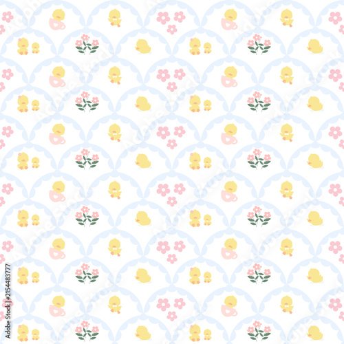 Canvas Print Pastel Baby Chick and Floral Seamless Pattern with Blue Scalloped Motifs
