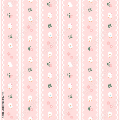 Pastel Pink Baby Chick and Floral Vertical Stripe Seamless Pattern with Scalloped Border for Nursery Fabric Textile and Wallpaper