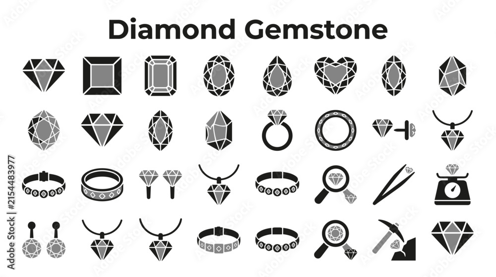 Fototapeta premium Set of diamond gemstone icons featuring various cuts jewelry pieces and professional tools for appraisal and mining on a transparent background