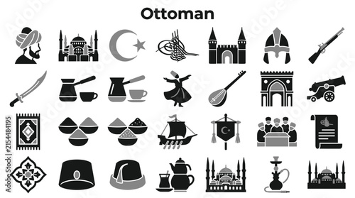 Фотография Set of Ottoman Empire cultural symbols and historical icons isolated on white ba