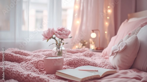 Ultra cozy pastel bedroom with soft blanket open book flowers window light and fairy lamps creating peaceful warm home scene for reading relaxation morning comfort interior decor calm feminine retreat