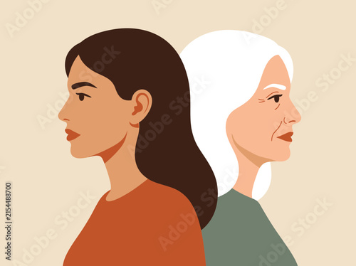 Obraz na płótnie Illustration of young and elderly women back-to-back representing generations an