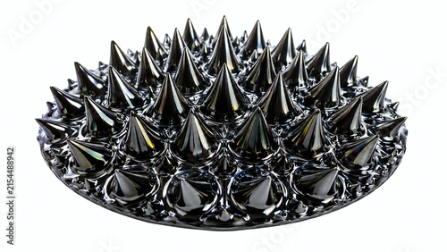 Ferrofluid Rosensweig instability spike formation macro showing hexagonal array of razor-sharp black magnetic liquid cones with mirror surface iridescence on white background