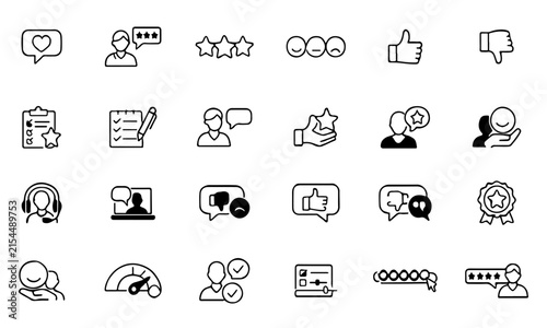 Customer Feedback Line Icons – Rating and Opinion Outline Vector Set