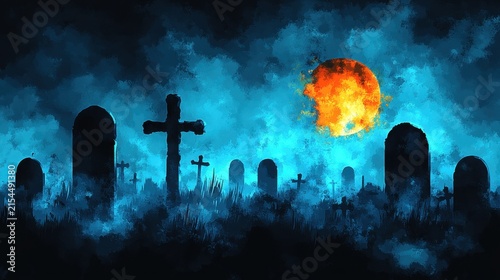 Haunted graveyard scene with crosses and a fiery full moon in a dark cloudy sky