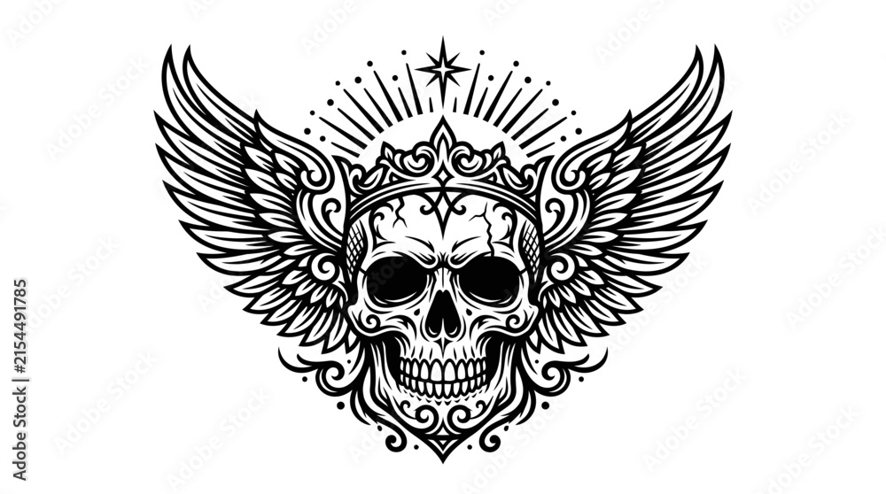 Fototapeta premium Royal crowned skull with wings and rays