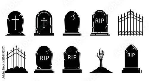 Foto Spooky Halloween tombstone icons set, black cemetery headstone silhouettes, 10 g