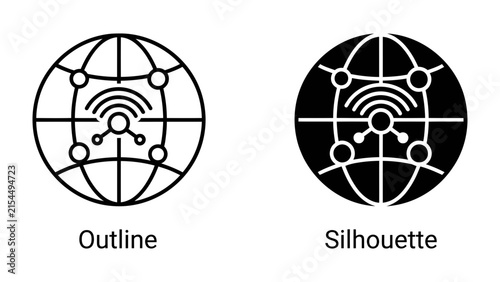 Bild auf Leinwand Global Network Connection Icons: A pair of interconnected globe icons representing a worldwide network, with one in outline and the other in silhouette