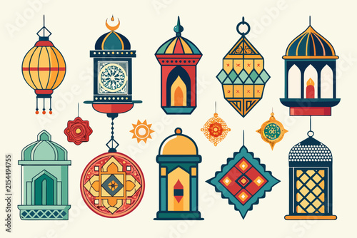 Ornamental ramadan lanterns collection featuring vibrant colors and geometric patterns in a flat vector illustration style for festive holiday decor
