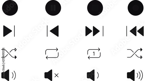 Collection of audio playback control icons including play, pause, skip forward, skip backward,.