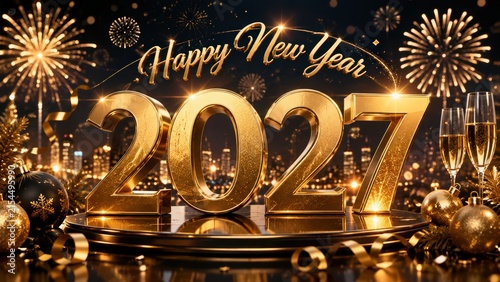 Luxury Golden 2027 Happy New Year Celebration – 3D Illustration with Fireworks and City Lights