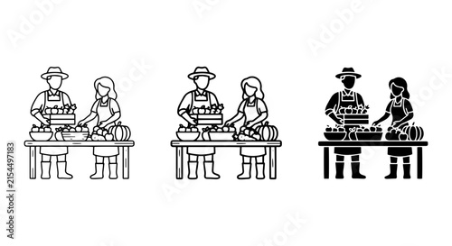 Farmers Market Stall Vector Icons, Organic Produce Vendors, Rural Agriculture Scene, Black and White Graphics