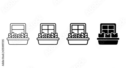 Window Box Icons, Garden Planter Vector Set, Floral Window Decor, Simple Outline & Solid Styles