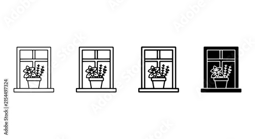 Window Icons Set: Potted Plant Views, Outline & Silhouette Styles, Vector Graphics