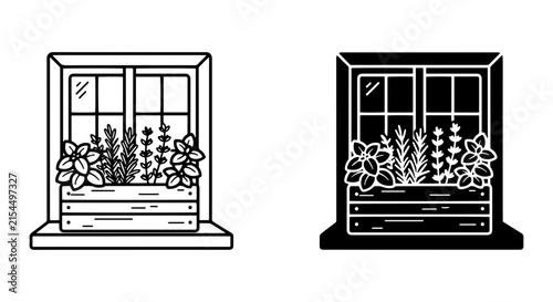 Window Box Plants Vector, Black and White Garden Scene, Herb Planter Illustration, Nature Element