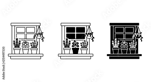 Window Garden Vector Set: Potted Plants, Hanging Planters, Outline and Silhouette Styles