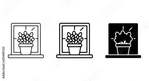 Potted Plant Window Icons, Simple Line Art & Silhouette, Greenery Growth Symbols