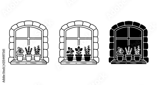 Stone Window Vector Set, Potted Herbs, Rustic Architecture, Black and White Design Elements