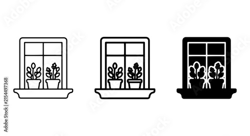 Window Plant Icons, Potted Greenery Vector Set, Home Decor Elements, Simple Outline Graphics