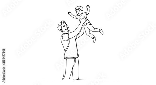 Happy father lifting young son in continuous line art vector illustration for Father's Day family design