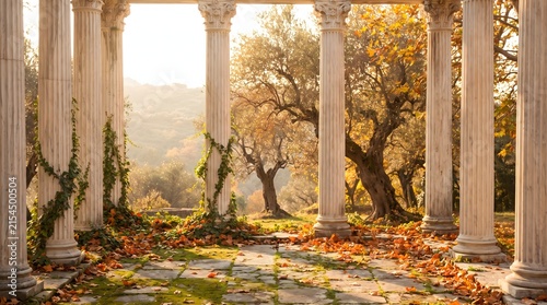 Classical Stone Pillars Framing an Autumn Landscape at Golden Sunset
