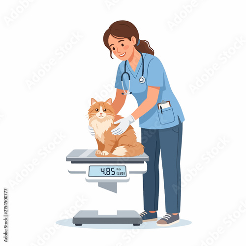 Female veterinarian weighing a fluffy ginger cat on a digital scale in clinic illustration
