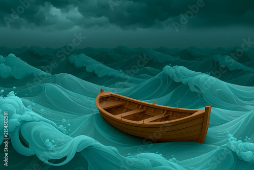 Boat floats on waves during a stormy ocean scene