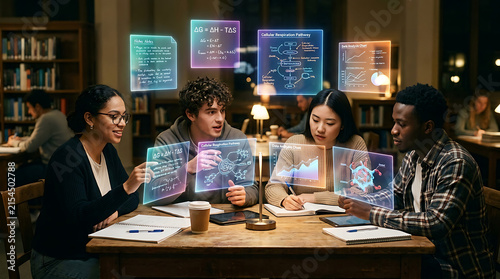 Diverse group of young students studying together with futuristic glowing holographic screen displays in library