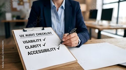 Business Professional Reviewing UX Usability, Clarity and Accessibility Checklist for User Experience Audit