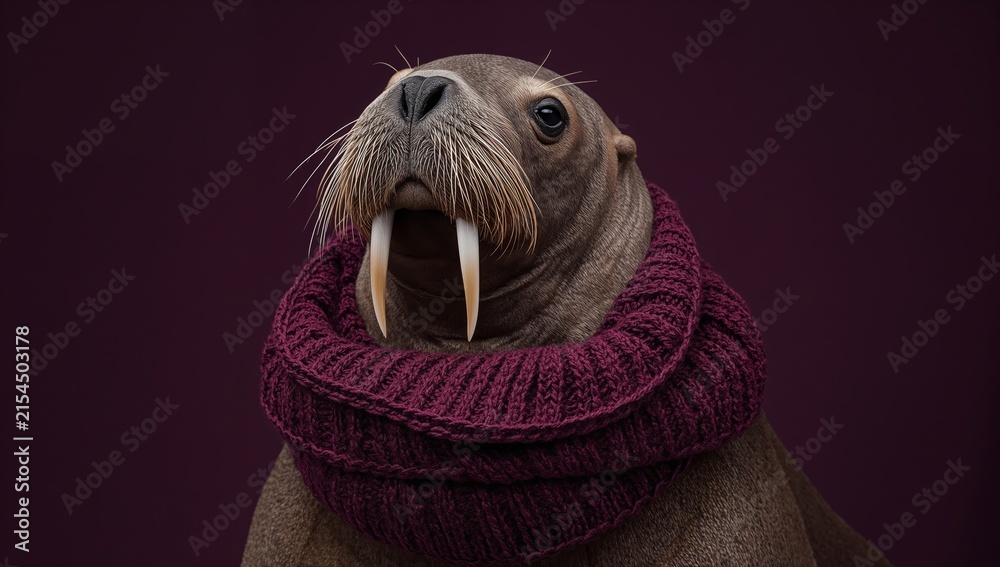 Obraz premium Realistic walrus wearing a knitted maroon scarf against a solid dark background, showcasing its prominent tusks and whiskers in a whimsical portrait style