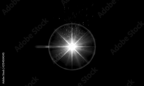 Bright white lens flare with radiant circular glow and tiny shimmering particle sparks emanating outward against a deep black background creates a stunning digital light effect