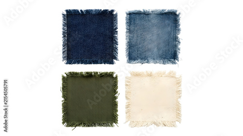 Distressed denim fabric patches with frayed edges for design.