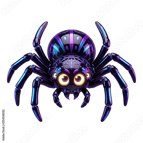 Cute cartoon spider with glowing blue and purple metallic finish isolated on white background transparent background