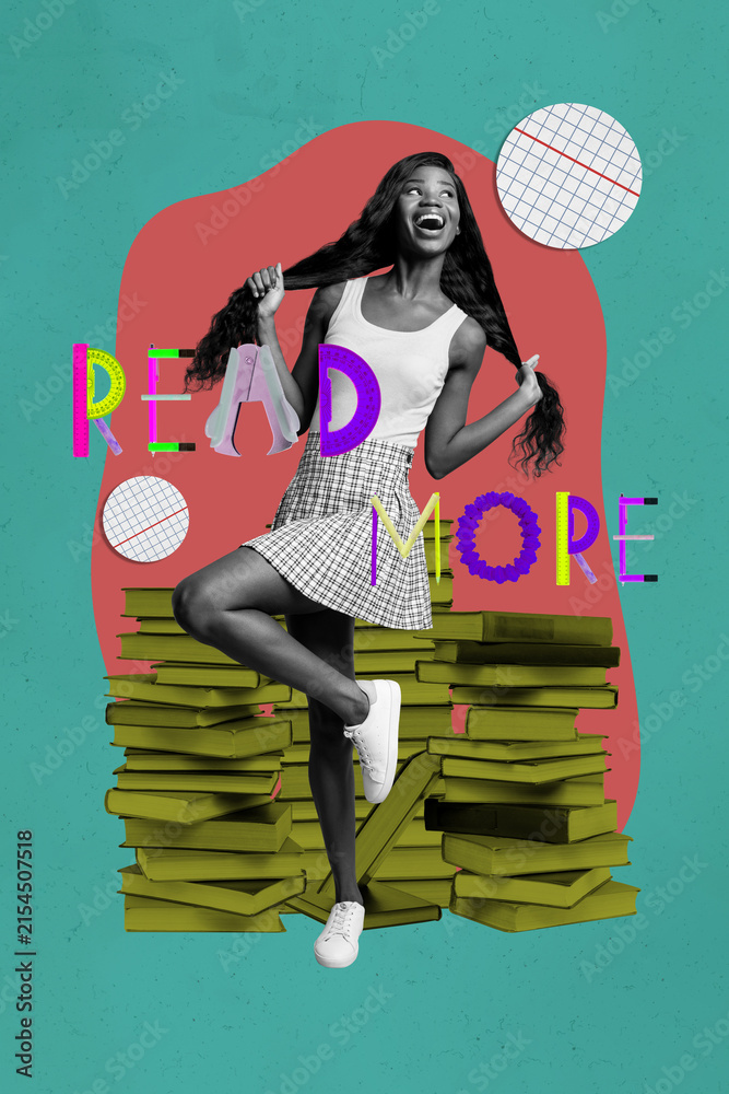 Fototapeta premium Pop image sketch 3d collage poster of happy girl guy stand book stack library education bookworm hobby university student learner