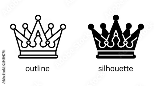 Принти на полотні Crown Icon: A comparison of a crown icon, presented in both outline and silhouette forms, representing royalty, power, and leadership