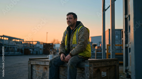 Industrial worker taking a break on a wooden crate at sunset outside a warehouse building wearing safety vest and jacket