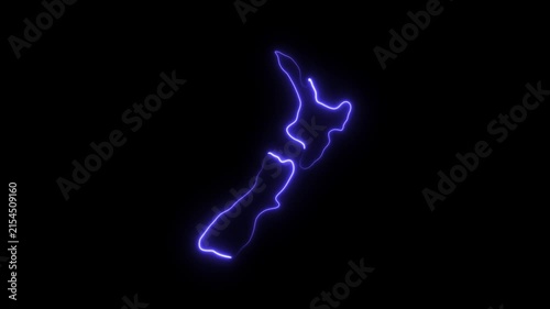Glowing neon map of new zealand outline, animated blue light path on black background