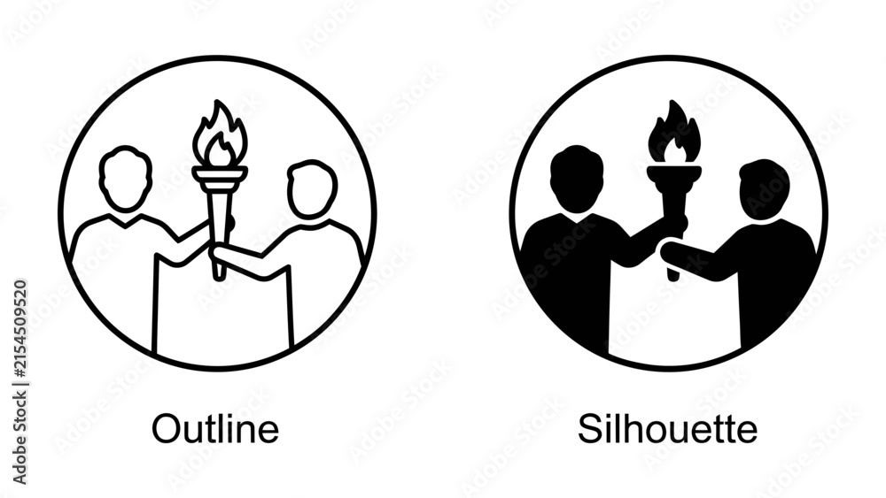 Fototapeta premium Torchbearers: Two figures, one outlined and one silhouetted, pass a lit torch, symbolizing the transfer of knowledge, legacy, and continuous progress.