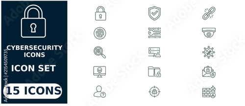 Cybersecurity set featuring 15 thin line symbols including padlocks, shields, fingerprints, servers, malware, and surveillance