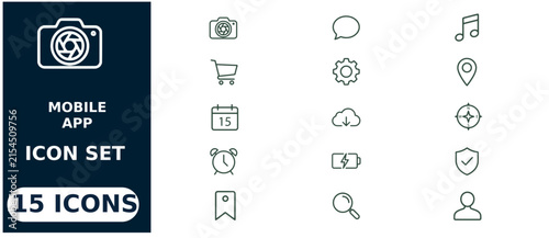 Set of 15 thin line for mobile apps, including camera, shopping cart, calendar, alarm clock, settings gear, and navigation tools