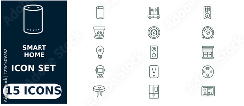 Smart home set featuring fifteen linear symbols including voice assistant, router, security camera, thermostat, and smart appliances