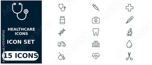 Healthcare set with 15 thin line symbols including stethoscope, syringe, medical cross, dna, microscope, ambulance, and hospital building