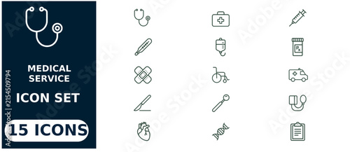 Medical service set featuring fifteen linear symbols including a stethoscope, syringe, ambulance, heart, and dna strand on a white background